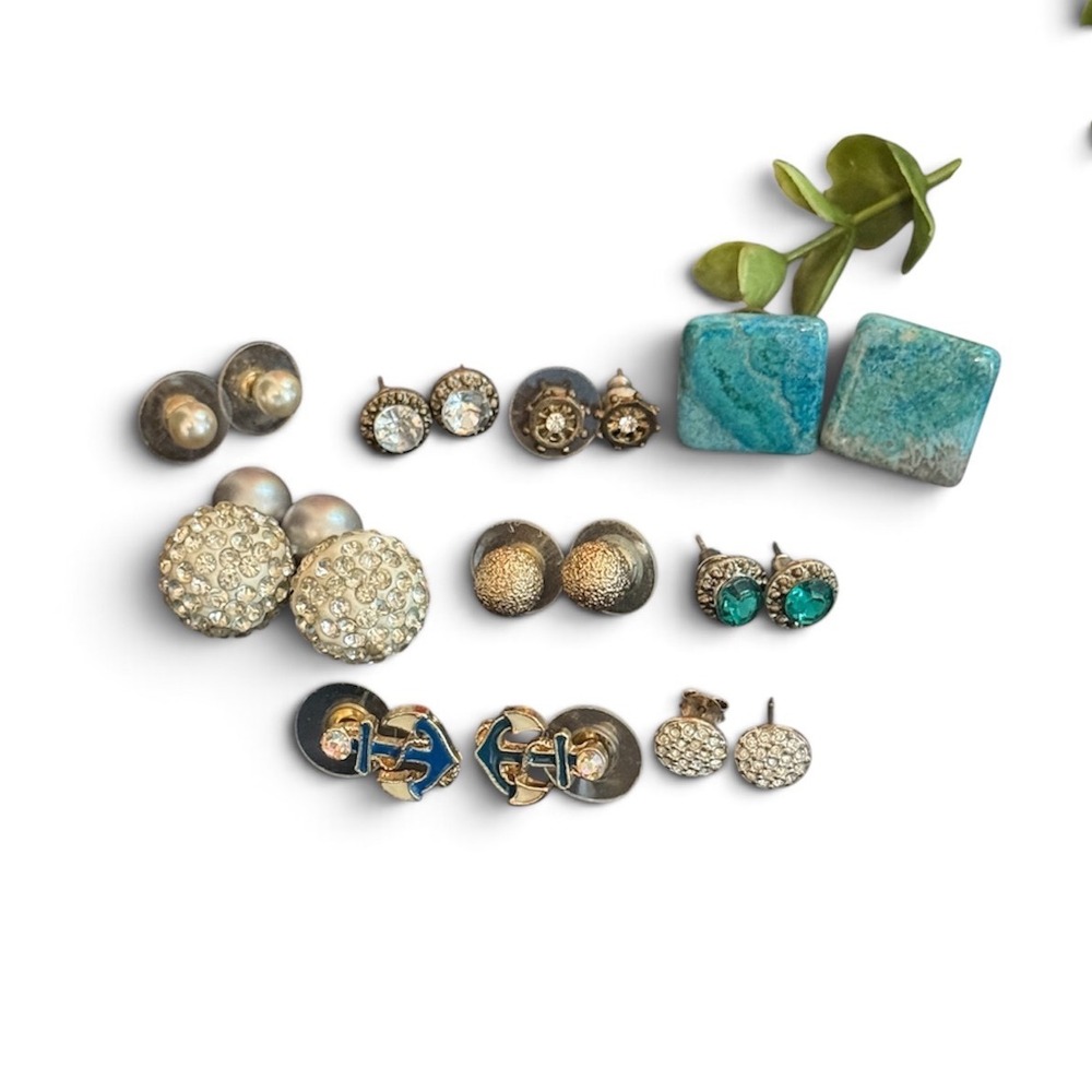 Mixed Stud Earring Lot 9 Pairs Nautical Anchor Pearl Crystal Turquoise Style